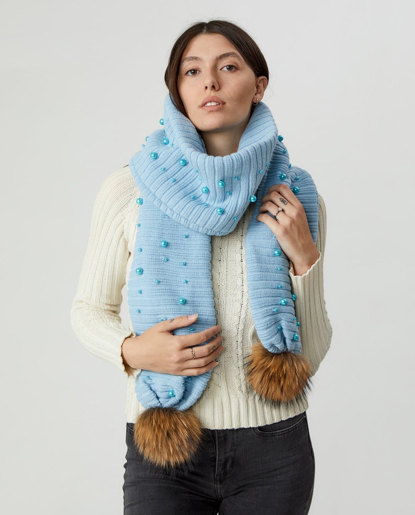 Foulard Adulte Doublé Pompons | Adult Poms Knit Scarf PERLES BABY BLUE - Mpompon