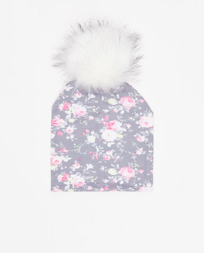 Cotton Beanie Floral Gris