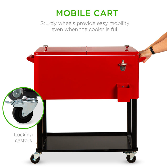 Portable Rolling Cooler Cart w/ Bottle Opener, Catch Tray - 80qt