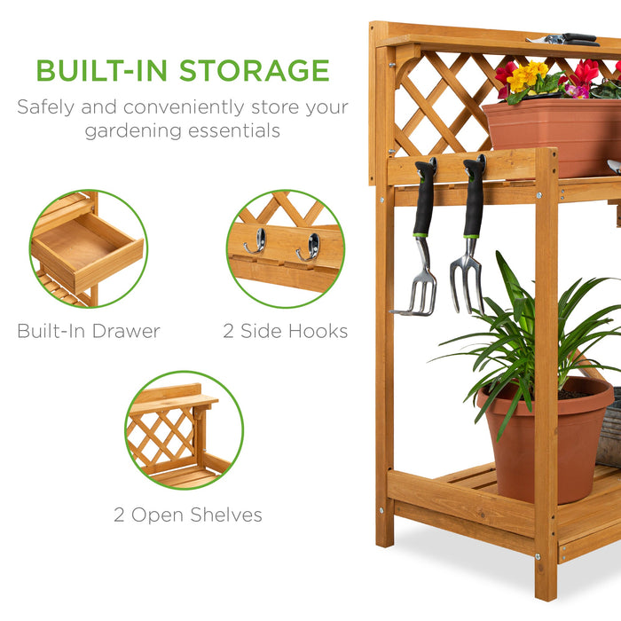 Wooden Garden Potting Bench Workstation w/ Cabinet Drawer, Open Shelf