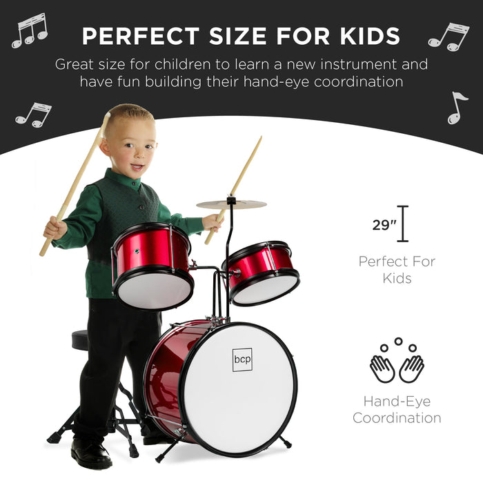 Kids Beginner 3-Piece Drum, Musical Instrument Set w/ Sticks, Stool, Pedal