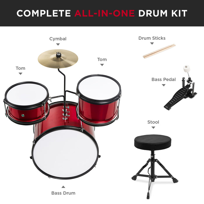 Kids Beginner 3-Piece Drum, Musical Instrument Set w/ Sticks, Stool, Pedal