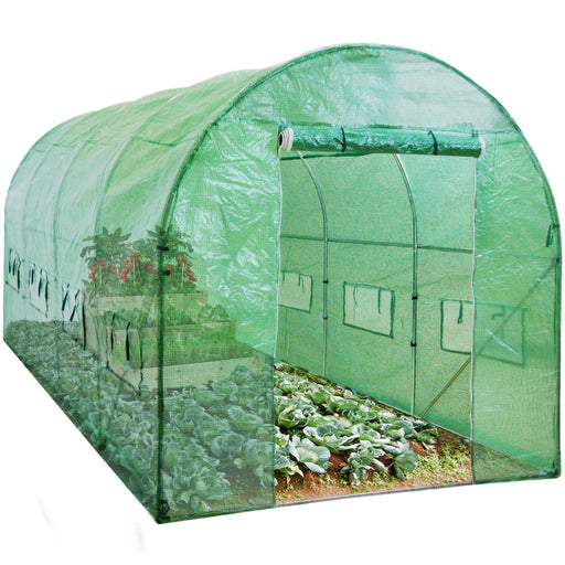 Walk-In Greenhouse Tunnel Tent w/ Roll-Up Windows, Zippered Door - 15x7x7ft