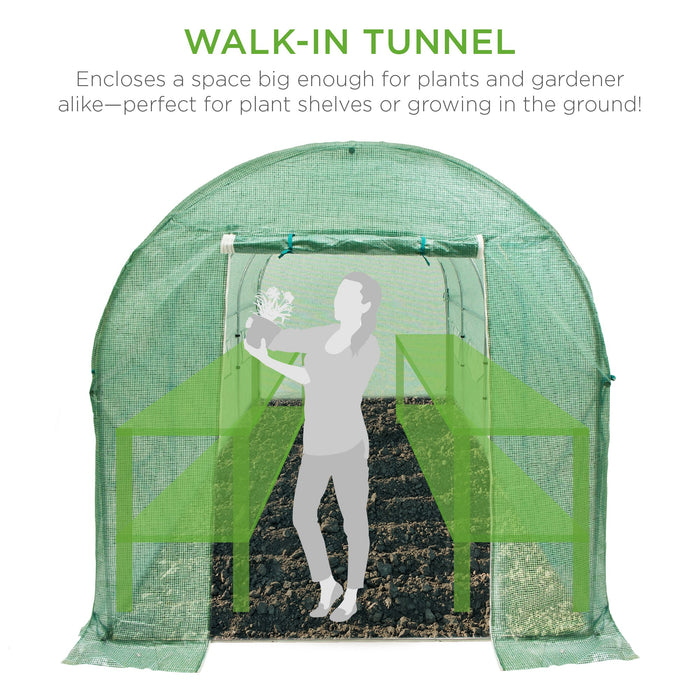 Walk-In Greenhouse Tunnel Tent w/ Roll-Up Windows, Zippered Door - 15x7x7ft