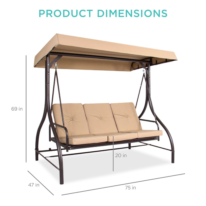 3-Seat Outdoor Canopy Swing Glider Furniture w/ Converting Flatbed Backrest