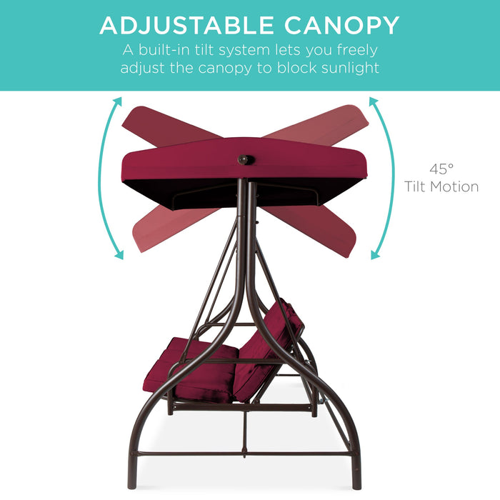 3-Seat Outdoor Canopy Swing Glider Furniture w/ Converting Flatbed Backrest