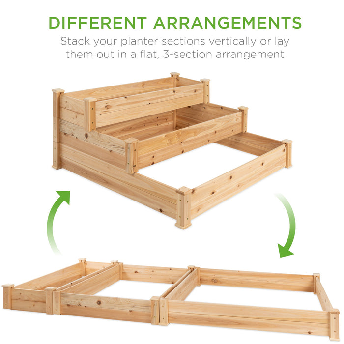 3-Tier Raised Fir Wood Garden Bed Planter w/ Stackable & Flat Setup