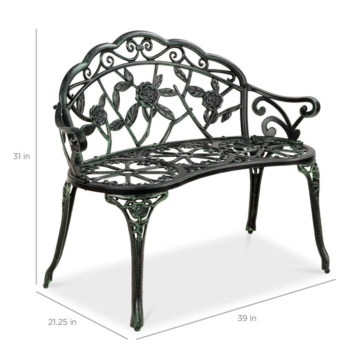 Steel Garden Bench Outdoor Patio Furniture w/ Floral Rose Accent  - 39in