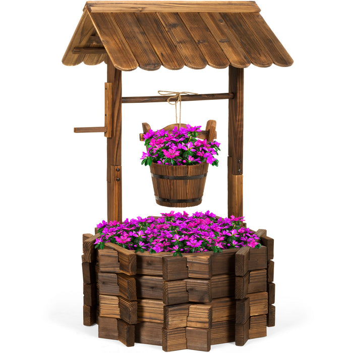 Rustic Wooden Wishing Well Planter Yard Decoration w/ Hanging Bucket