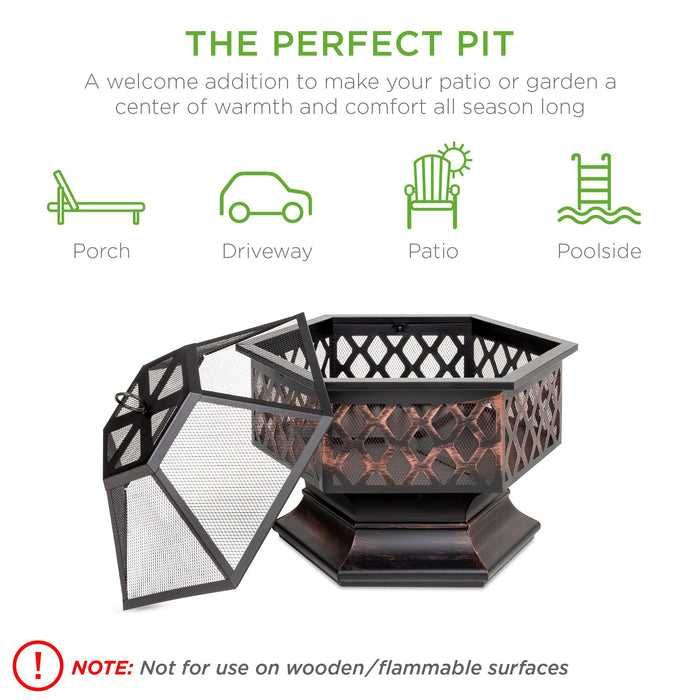 Hex-Shaped Outdoor Fire Pit w/ Flame-Retardant Lid - 24in