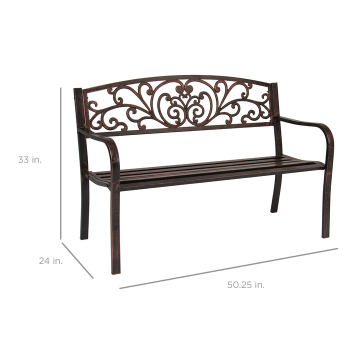 Steel Bench for Outdoor, Patio, Garden w/ Floral Design - 50in