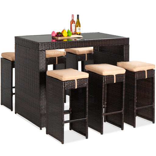 7-Piece Wicker Bar Patio Dining Set w/ Glass Table Top, 6 Stools