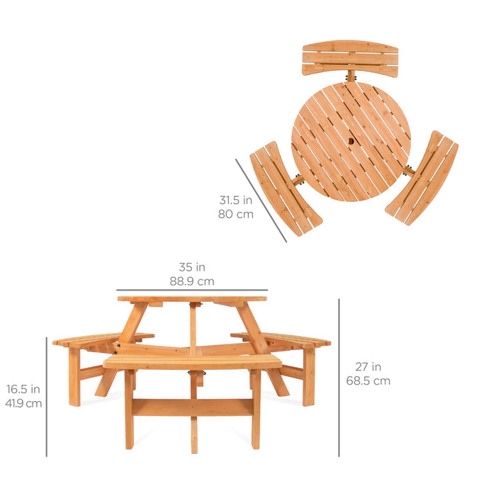 6-Person Circular Wooden Picnic Table w/ Umbrella Hole, 3 Benches