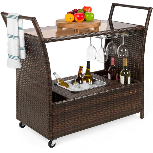 Wicker Serving Bar Cart w/ Wheels, Glass Counter, Ice Bucket