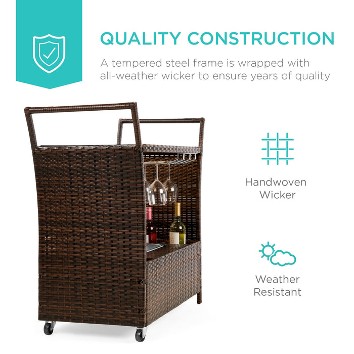 Wicker Serving Bar Cart w/ Wheels, Glass Counter, Ice Bucket