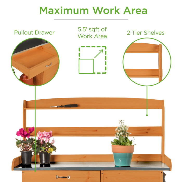 Garden Wooden Potting Bench w/ Metal Table Top - Natural