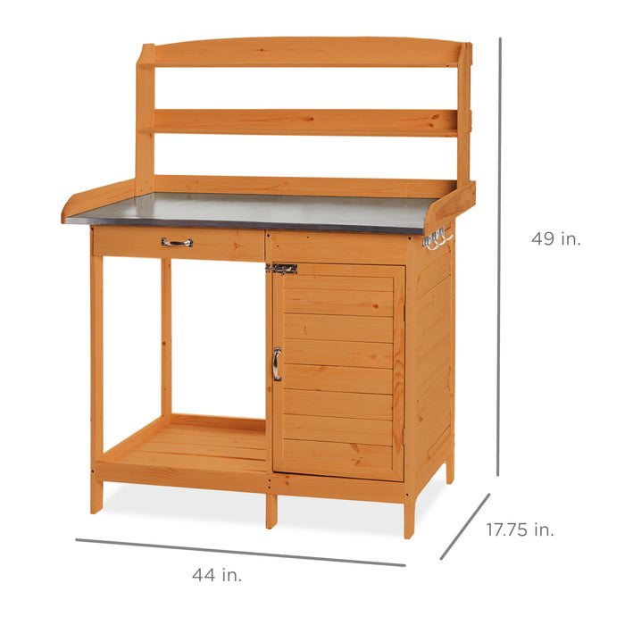 Garden Wooden Potting Bench w/ Metal Table Top - Natural