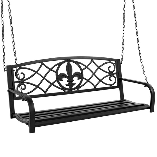 2-Person Outdoor Metal Hanging Swing Bench w/ Fleur-de-Lis Accents