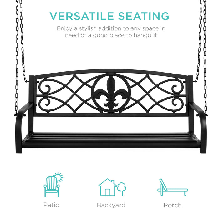 2-Person Outdoor Metal Hanging Swing Bench w/ Fleur-de-Lis Accents