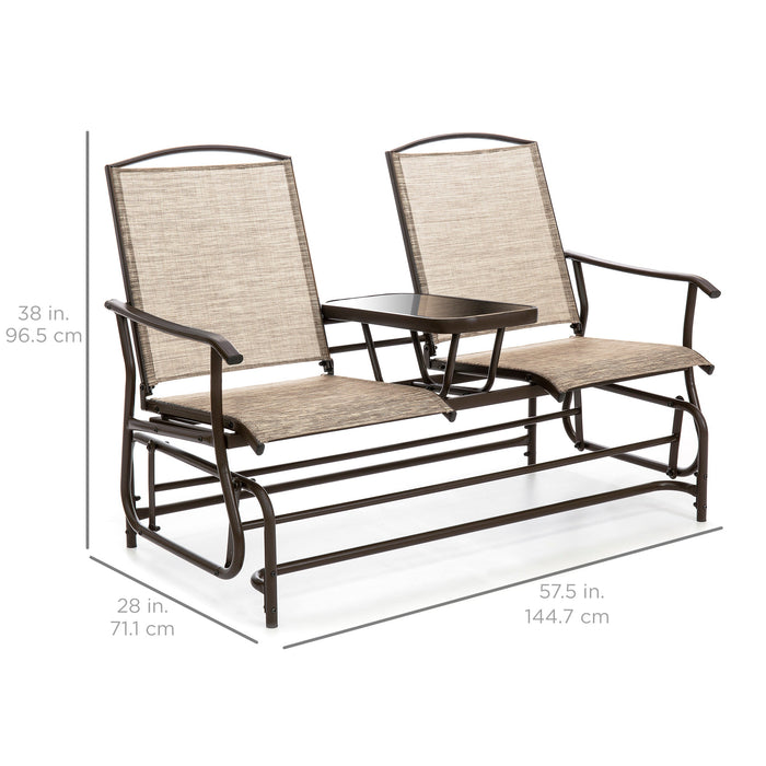 2-Person Outdoor Mesh Double Glider w/ Tempered Glass Attached Table