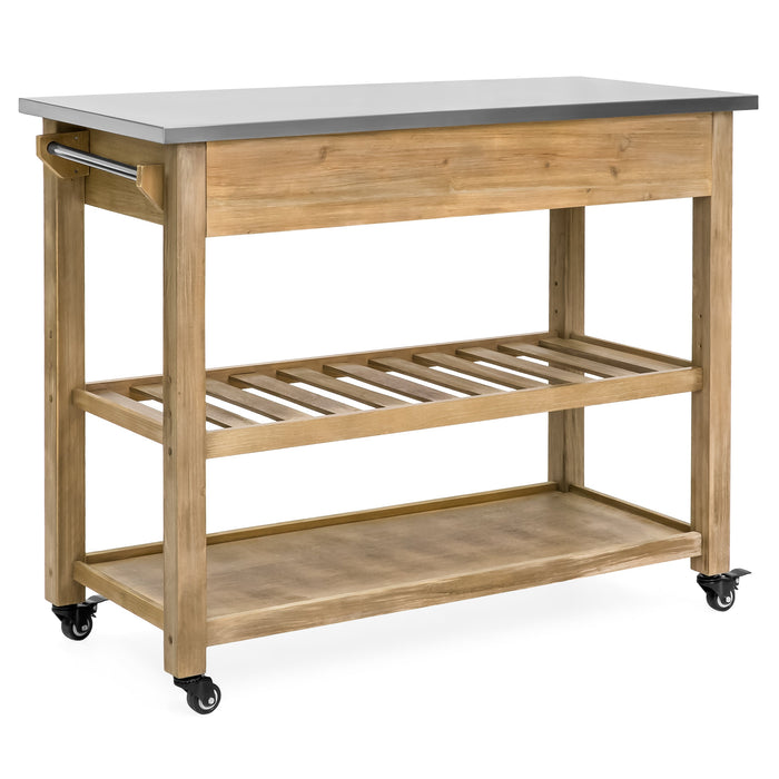 Kitchen Island Storage & Bar Cart w/ Stainless Steel Top - Rustic Wood