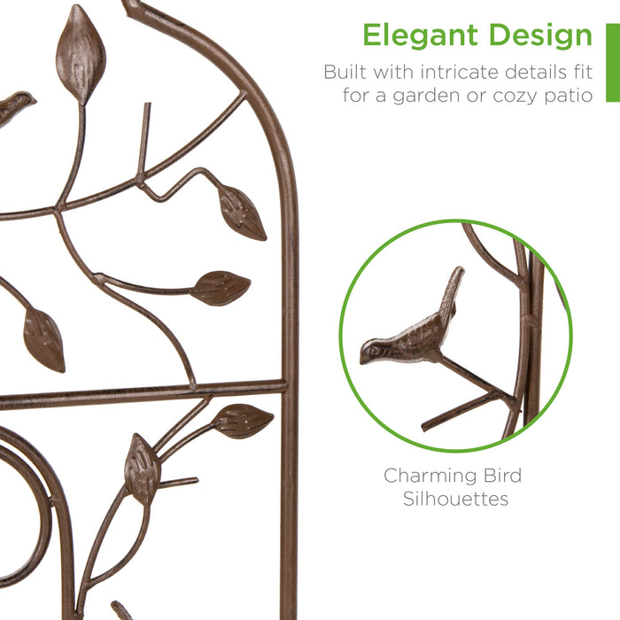 Iron Arched Garden Trellis Fence Panel w/ Branches, Birds - 60x15in