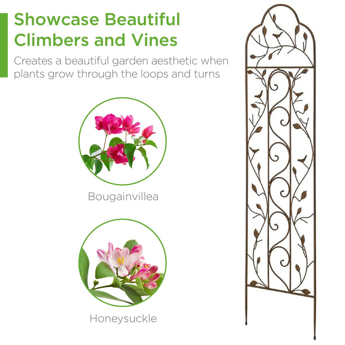 Iron Arched Garden Trellis Fence Panel w/ Branches, Birds - 60x15in