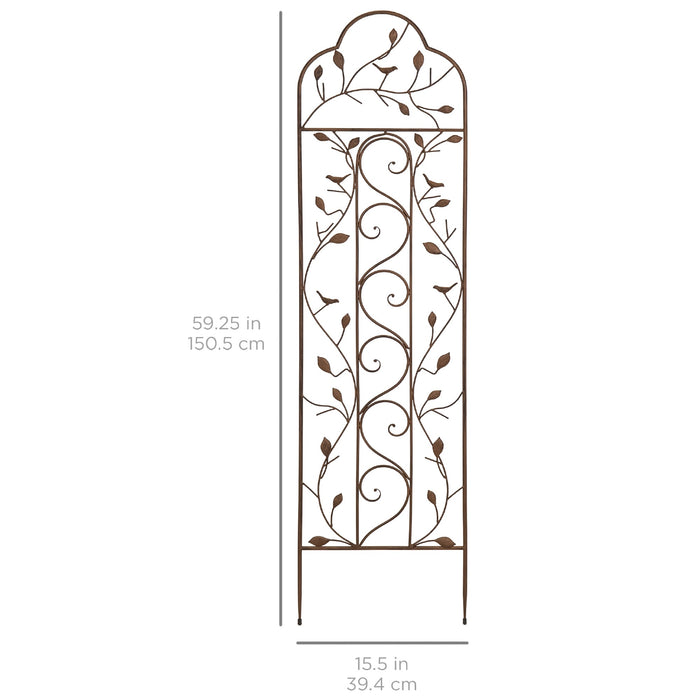 Iron Arched Garden Trellis Fence Panel w/ Branches, Birds - 60x15in