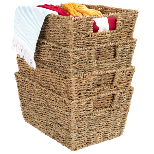 Set of 4 Seagrass Storage Tote Baskets, Laundry Organizer w/ Insert Handles