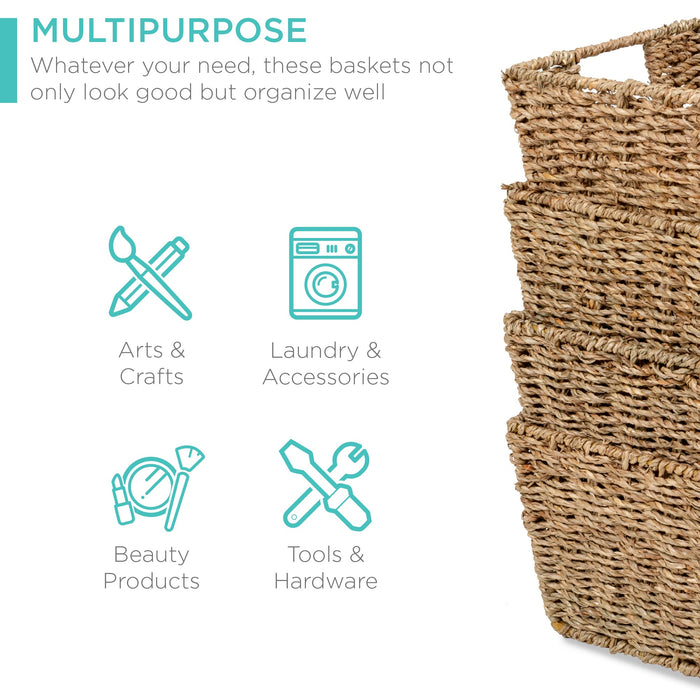 Set of 4 Seagrass Storage Tote Baskets, Laundry Organizer w/ Insert Handles