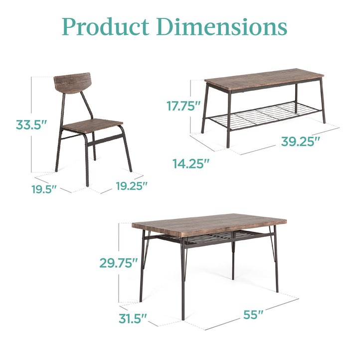 6-Piece Modern Dining Set w/ Storage Racks, Table, Bench, 4 Chairs - 55in