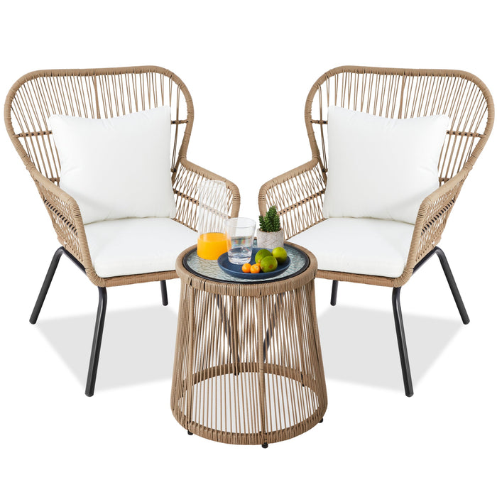 3-Piece Patio Wicker Conversation Bistro Set w/ 2 Chairs, Glass Top Table