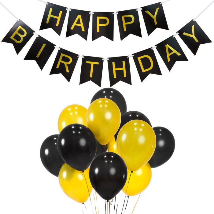 Birthday Party Decor Set w/ Banner, 6 Pom-Poms, 20 Balloons - Gold/Black