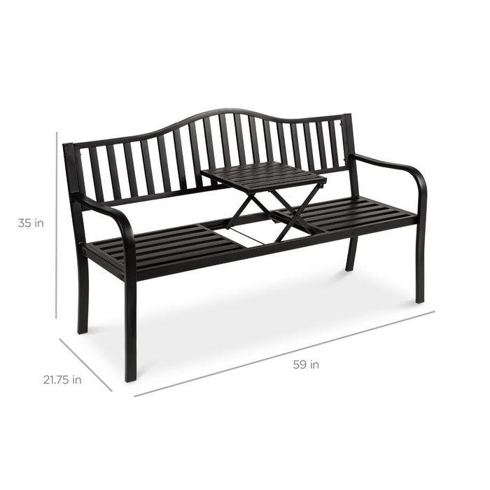 Steel Bench for Outdoor Patio and Garden w/ Pullout Middle Table