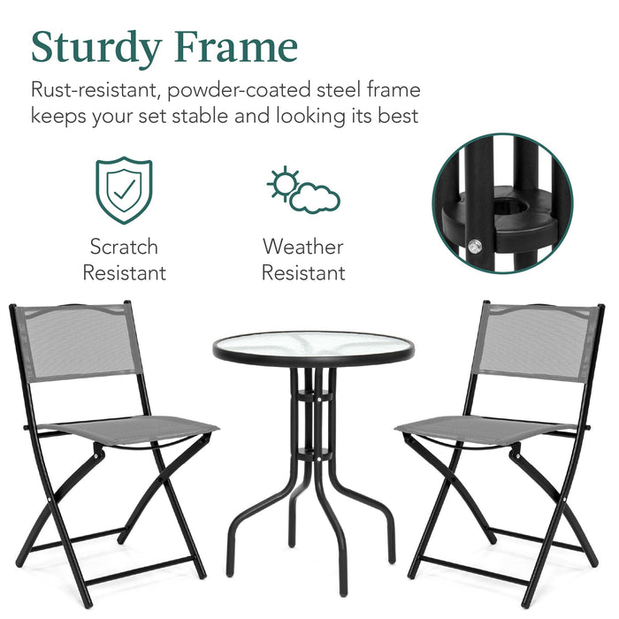 3-Piece Bistro Set w/ Glass Table, 2 Foldable Chairs