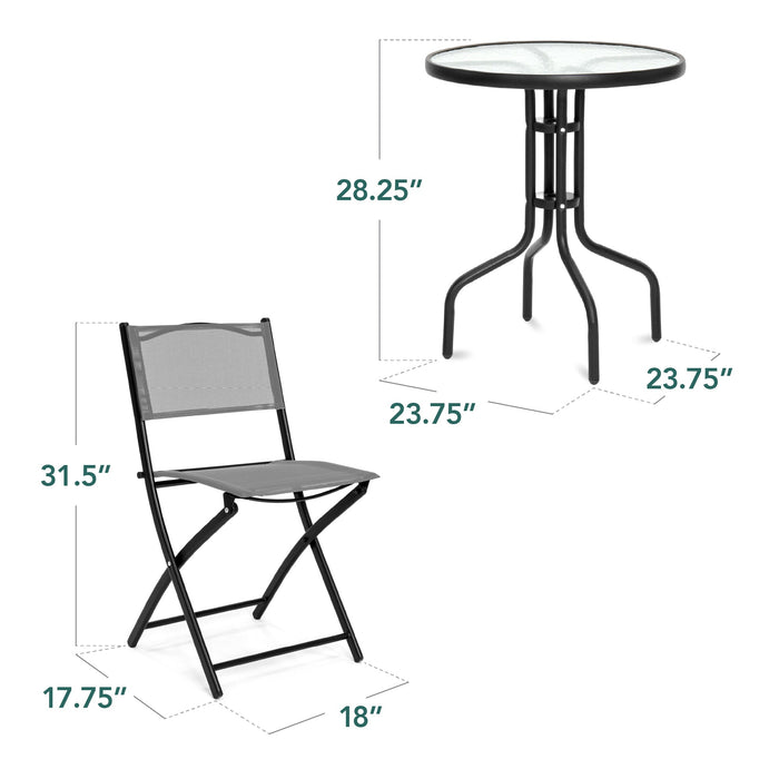 3-Piece Bistro Set w/ Glass Table, 2 Foldable Chairs