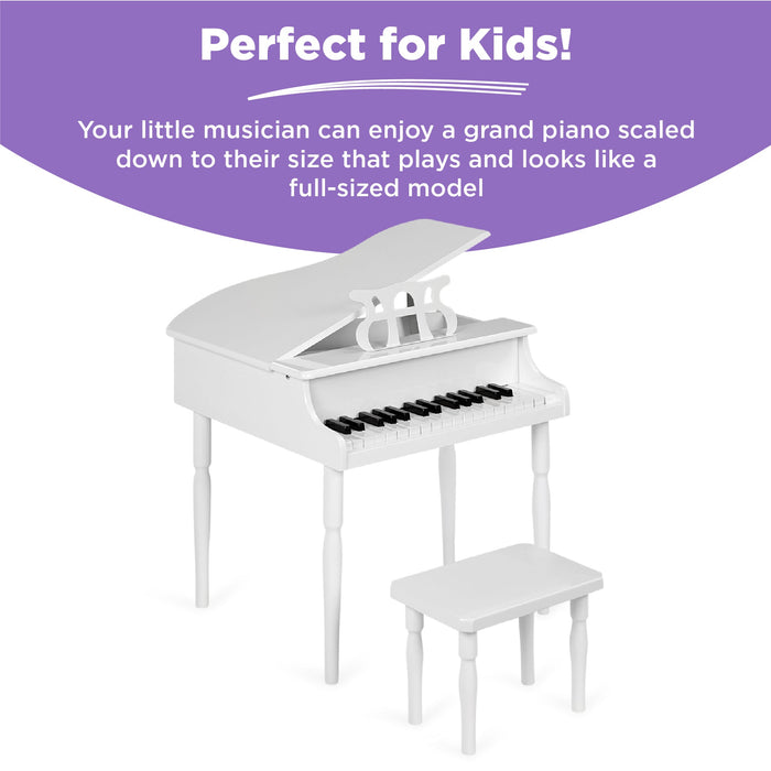 Kids Mini Wooden Grand Piano w/ Lid, Bench, Music Rack, Song Book, Stickers