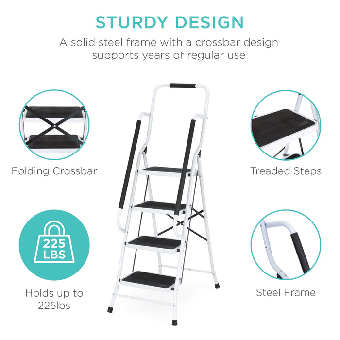 4-Step Portable Folding Ladder w/ Handrails, Attachable Tool Bag