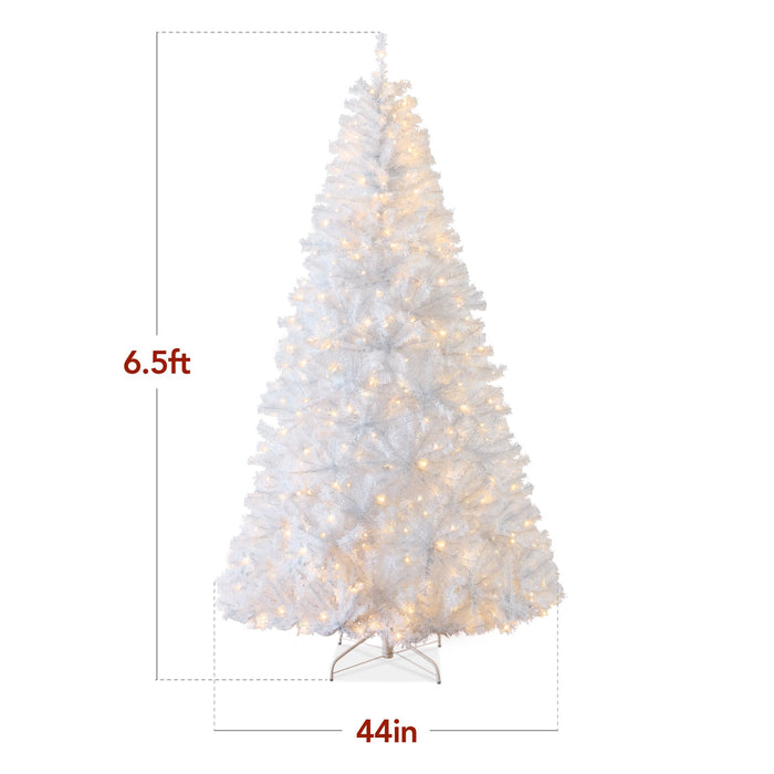 Pre-Lit Hinged Artificial White Pine Christmas Tree w/ Lights, Metal Stand