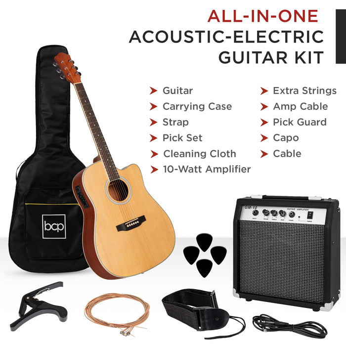 Beginner Acoustic Electric Cutaway Guitar Set w/ Case, Strap - 41in