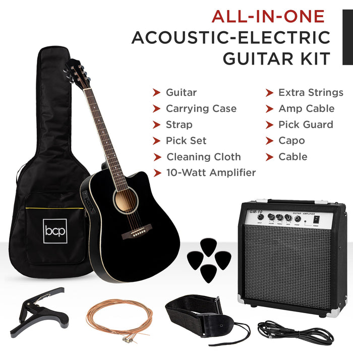 Beginner Acoustic Electric Cutaway Guitar Set w/ Case, Strap - 41in