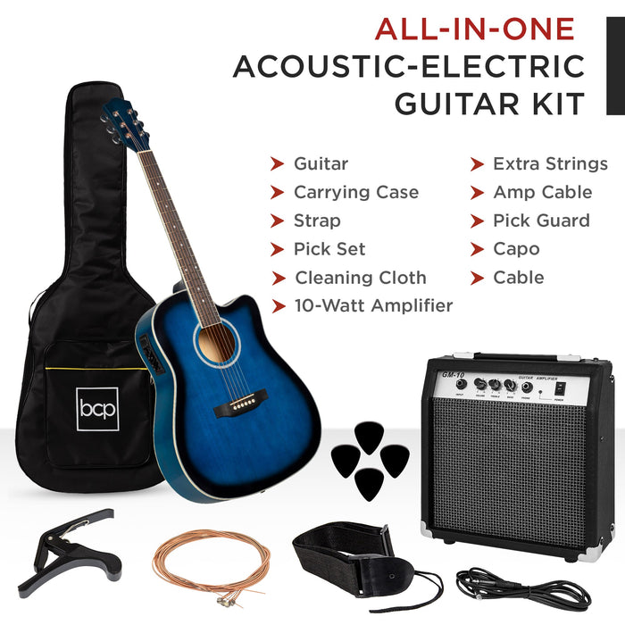 Beginner Acoustic Electric Cutaway Guitar Set w/ Case, Strap - 41in