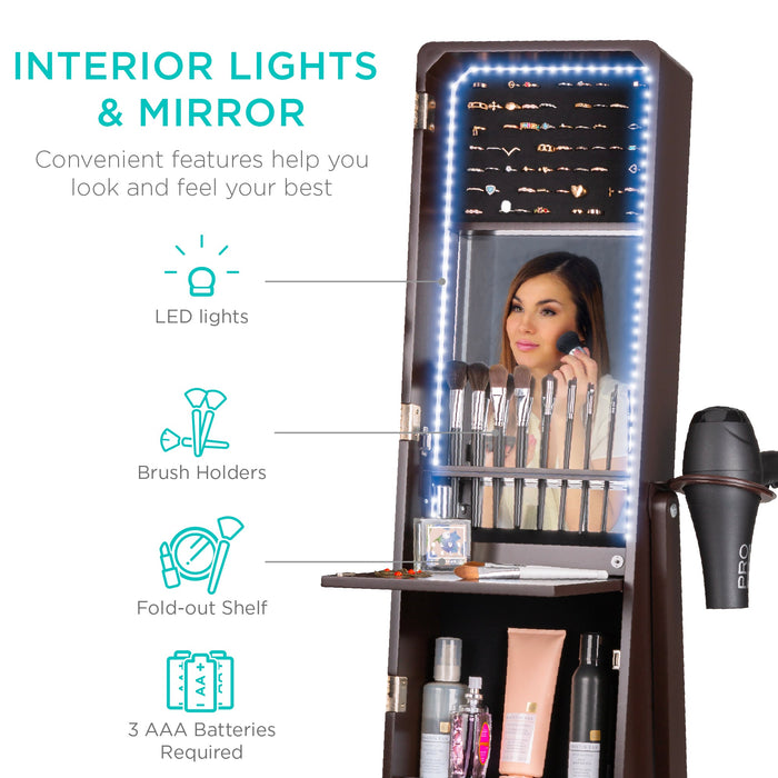 Standing Full Length LED Mirror Jewelry Armoire w/Interior & Exterior Lights