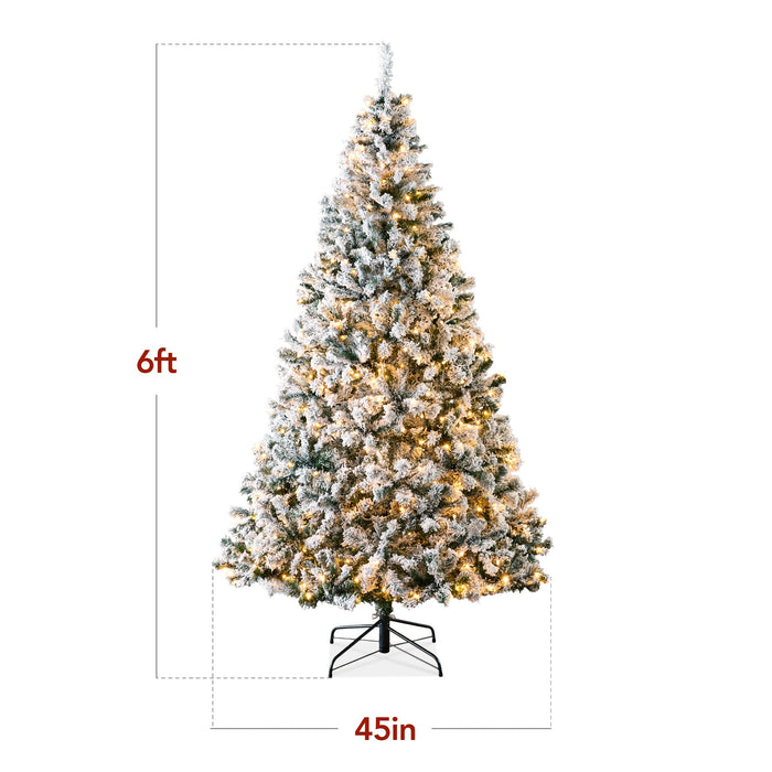 Pre-Lit Snow Flocked Artificial Pine Christmas Tree w/ Warm White Lights