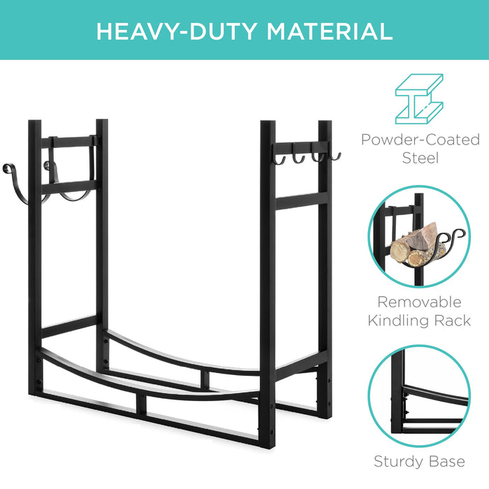 Steel Firewood Log Storage Rack & Tool Set w/ Kindling Holder - 34.25in