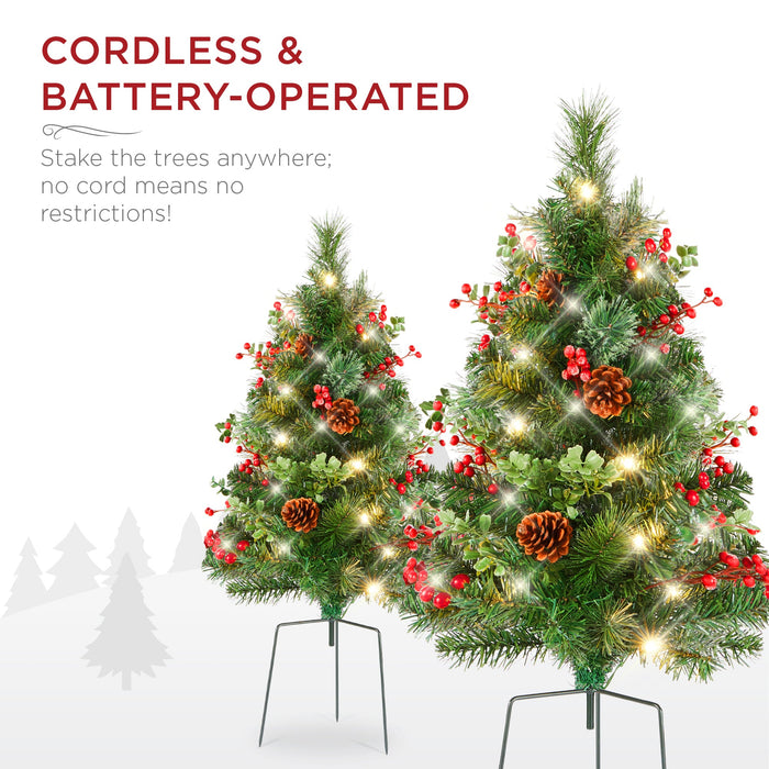 Set of 2 Pre-Lit Pathway Christmas Trees w/ Pine Cones, Timer - 24.5in