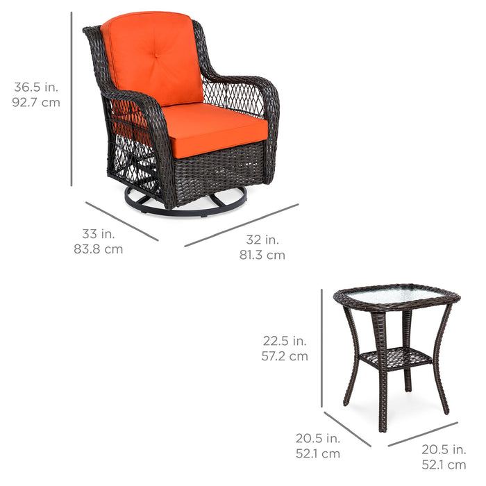 3-Piece Patio Wicker Bistro Furniture Set w/ 2 Swivel Rocking Chairs, Table