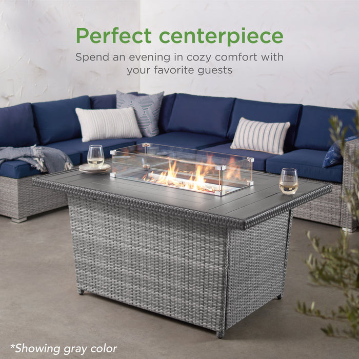 Wicker Propane Fire Pit Table, 50,000 BTU w/ Glass Wind Guard, Cover - 52in