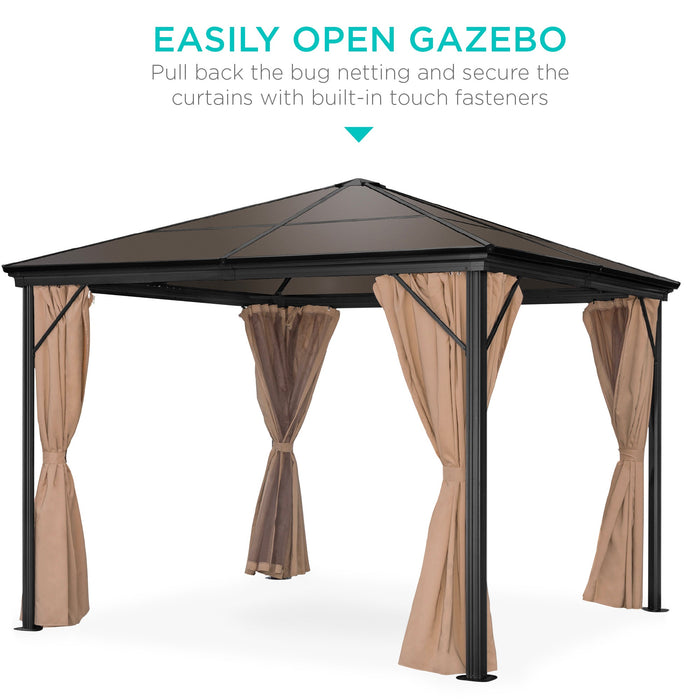 Gazebo extérieur à toit rigide avec cadre en aluminium, rideaux latéraux et filet - 10 x 10 pieds