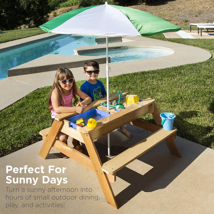 3-in-1 Kids Sand & Water Table Outdoor Wood Picnic Table w/ Umbrella